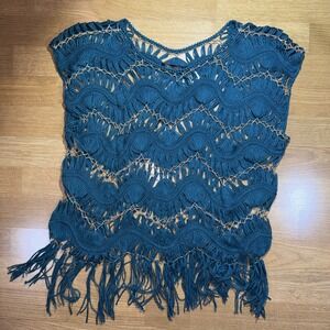 Y2K Hippie Boho Fringe Crochet Metallic Going Out Top Size Med Open Knit